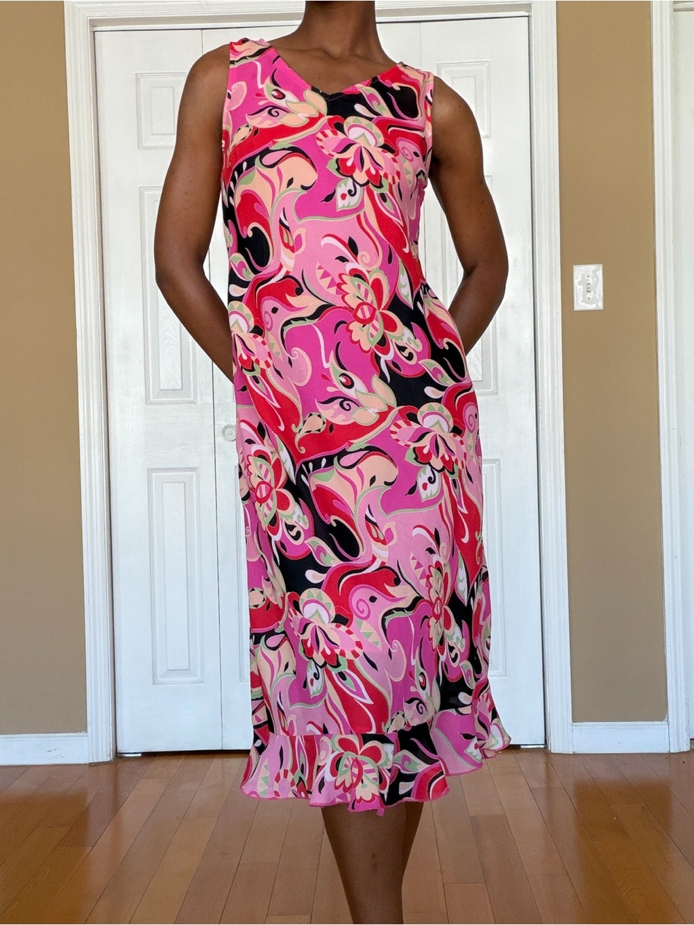 Vibrant Pink Floral-Print Sleeveless Midi Dress